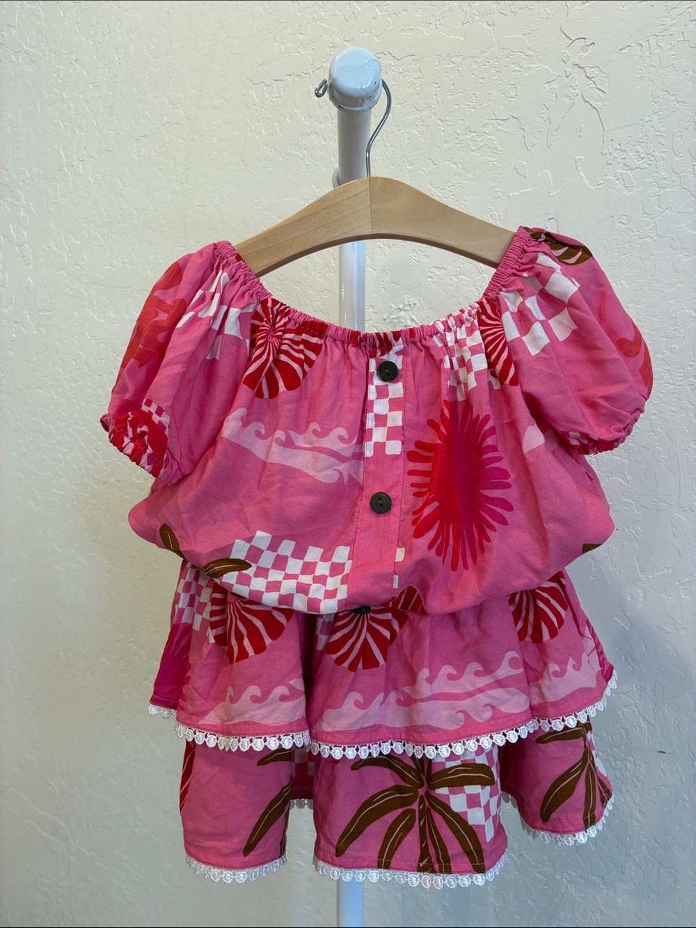 Girls Pink Off-Shoulder Ruffle Top with Tropical Motif